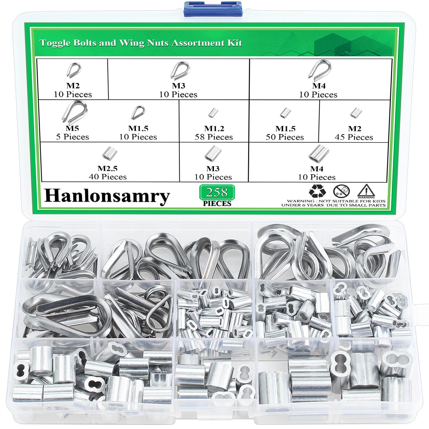 Hanlonsamry 258 Pieces 304 Stainless Steel Wire Rope Cable Clips and Aluminum Crimping Loop Sleeve Assortment Kit for Wire Rope Cable Thimbles Rigging